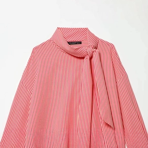 Pink and white striped poplin shirt for women with scarf neck tie and long sleeves