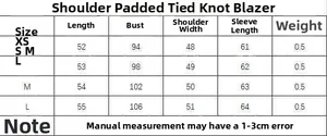 Detailed size chart for the padded shoulder blazer with knot buckle, sizes XS to L