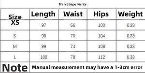 Size chart for striped casual trousers showing XS to L measurements and weight details