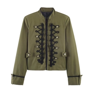Women Military Style Stand Collar Blazer Jacket Vintage Frogging Metal Buttons Olive Green Shoulder Pad Outerwear Coat