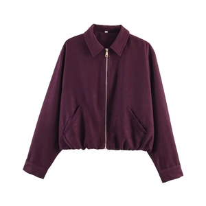 Deep purple flight jacket with gold zipper and lapel collar for women fashion