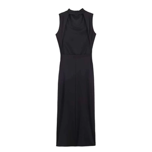 Elegant sleeveless backless midi dress in black with high neck and slim fit design