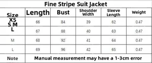 Size chart for women's pinstripe blazer suit showing measurements from size XS to L