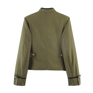 Army green cropped jacket featuring shoulder pads and gold metal buttons from the back
