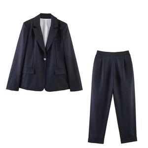 Women Pinstripe Blazer Trousers Office Lady Commuter Slimming Single Breasted Professional Elegant Autumn Outerwear Top And Bottom