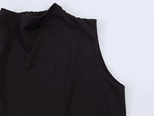 Detail shot of black high-neck sleeveless dress with back button closure and fine knit texture