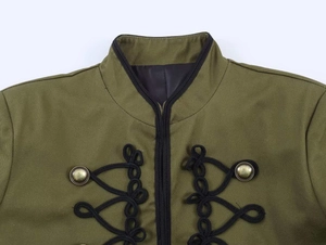 Detail of olive green jacket featuring black frogging and vintage gold buttons