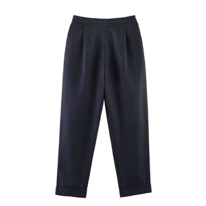 Women's high waist tapered pinstripe navy trousers with double pleats and cuffed hems