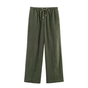 Army green wide-leg trousers with elastic drawstring waist and vertical front pleats