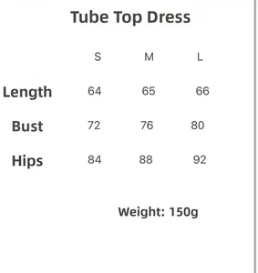 Size chart for strapless bodycon dress showing length, bust, and hip data in centimeters