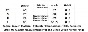 Size chart for women's casual midi skirt detailing waist and length in XS to L