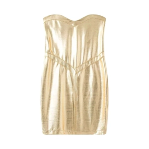 Women Metallic Gold Strapless Bodycon Dress Sexy Tube Top Slim Fit Mini Bandage Dress For Banquet Party Clubwear