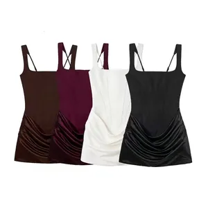 Robe Moulante Sexy pour Femme Style Corset en Satin Plissé Mini Robe Col Carré Bretelles Spaghetti Lacets au Dos
