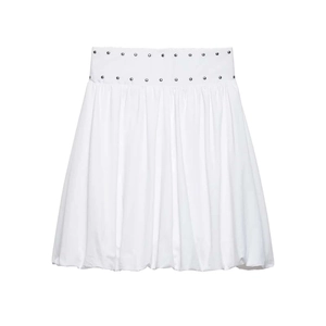 Women Casual White Bubble Midi Skirt High Waist Pleated Skirt With Rivet Decoration Minimalist Summer Skirt For Women