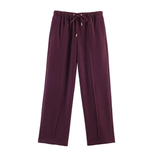 Deep purple high-waisted wide-leg trousers with drawstring elastic waist and central pleats