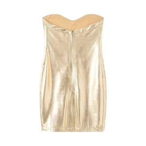 Slim fit gold foil bandage tube dress for women featuring a back zipper closure