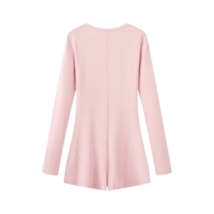 Rosafarbener Rippstrick Langarm Jumpsuit für Damen in schmaler Passform mit Rundhals