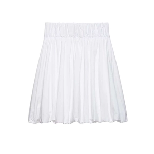 White high-waisted cotton balloon midi skirt with elastic waist and pleated details