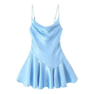 Robe Sexy en Satin à Fines Bretelles Col Bénitier pour Femme Bleu Clair Coupe Ajustée Mini Robe Sirène Été Fête