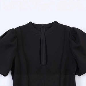Women's black mini dress featuring a high collar with zipper and puff sleeves