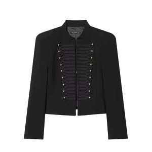 Veste courte noire pour femme style militaire avec boutons dorés et épaulettes