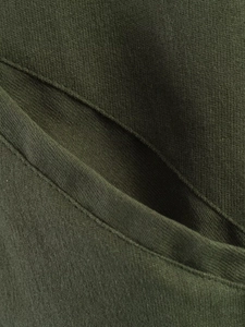 Close-up of olive green knit fabric texture and pocket stitching detail on jacket