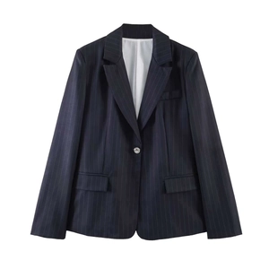 Navy blue pinstripe blazer with notched lapel and single button flat lay view