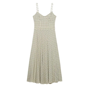 Women Sexy Plaid Spaghetti Strap Midi Dress V Neck High Waist A Line Summer Retro Gingham Sleeveless Backless Sun Dress