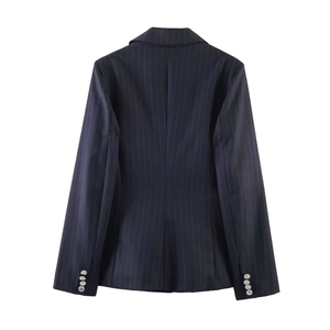Navy blue pinstripe blazer suit for women with slim fit back view and cuff buttons