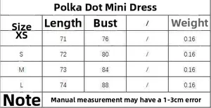 Detailed size chart for polka dot mini dress showing measurements for XS to L sizes