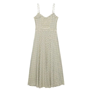 Summer A-line midi dress with spaghetti straps and yellow plaid pattern on white fabric