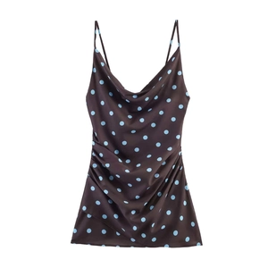 Polka dot satin camisole top with cowl neck and side ruffles in dark brown and blue