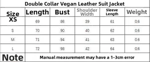 Detailed size chart for faux leather blazer with measurements from XS to L