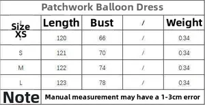Size chart detail for pleated balloon hem dress including length and bust measurements