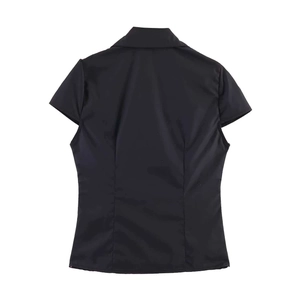 Slim fit black women's short sleeve V-neck shirt with a back view and smooth silk texture