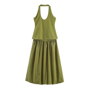 Women Halter Neck Top And Pleated Midi Skirt Co-ords Olive Green Minimalist Slim Fit Sleeveless Solid Co-ords For Banquet Party