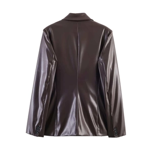Slim fit dark brown faux leather blazer for women with shoulder pads and back view details