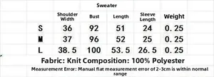 Guide des tailles pour pull en maille à rayures avec mesures d'épaules, poitrine et longueur