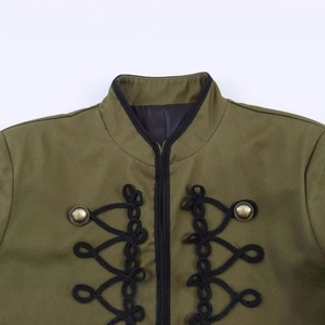 Olive green military style blazer with hussar braiding and gold metal buttons