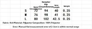 Guide des tailles détaillé pour ensemble en tricot avec mesures de taille et hanches