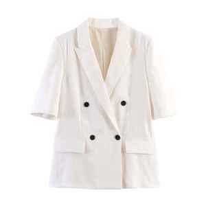 Minimalist white short sleeve linen blazer with double-breasted black buttons for women