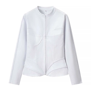 White long sleeve slim fit jacket for women featuring structured corset-style seams