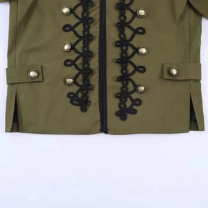 Women's army green blazer jacket with shoulder pads, knot buttons and metal military details