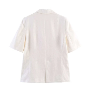 Minimalist white linen short sleeve blazer for women featuring a clean back view and slit detail
