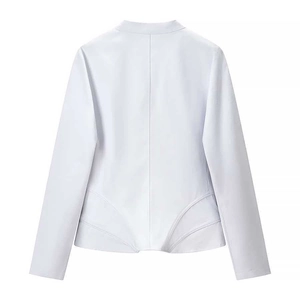 Slim fit white stand collar jacket for women with unique irregular curved hem back view