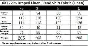 Size chart for loose linen-blend shirt showing measurements from XS to L in cm