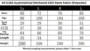 Detailed size chart for high waist asymmetric skort with waist and hip measurements
