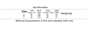 Detailed size chart for women blazer and pants set including shoulder and bust measurements