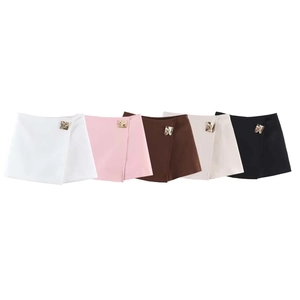 Women High Waist Asymmetric Skort With Gold Metal Buckle Elegant Wrap Mini Skirt Slim Fit Office Lady Summer Bottoms