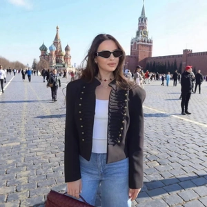 Blazer Style Militaire pour Femme Col Montant Coupe Cintrée Boutons Métalliques Brandebourgs Épaulières Veste de Mode Automne Noir
